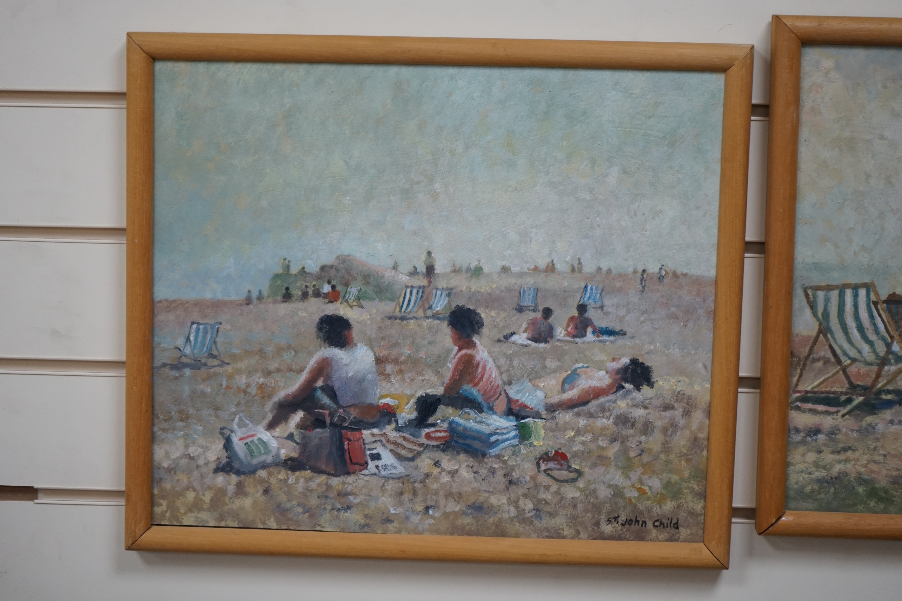 St John Child (b.1936), pair of oils on board, Beach scenes with figures, each signed, 34 x 42cm. Condition - good